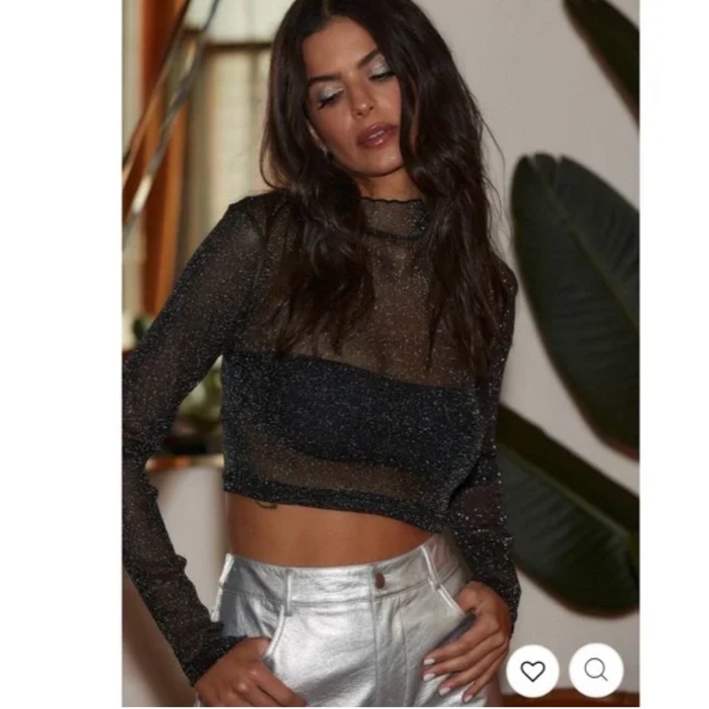 12th Tribe Sheer Sparkle Black Cropped Top